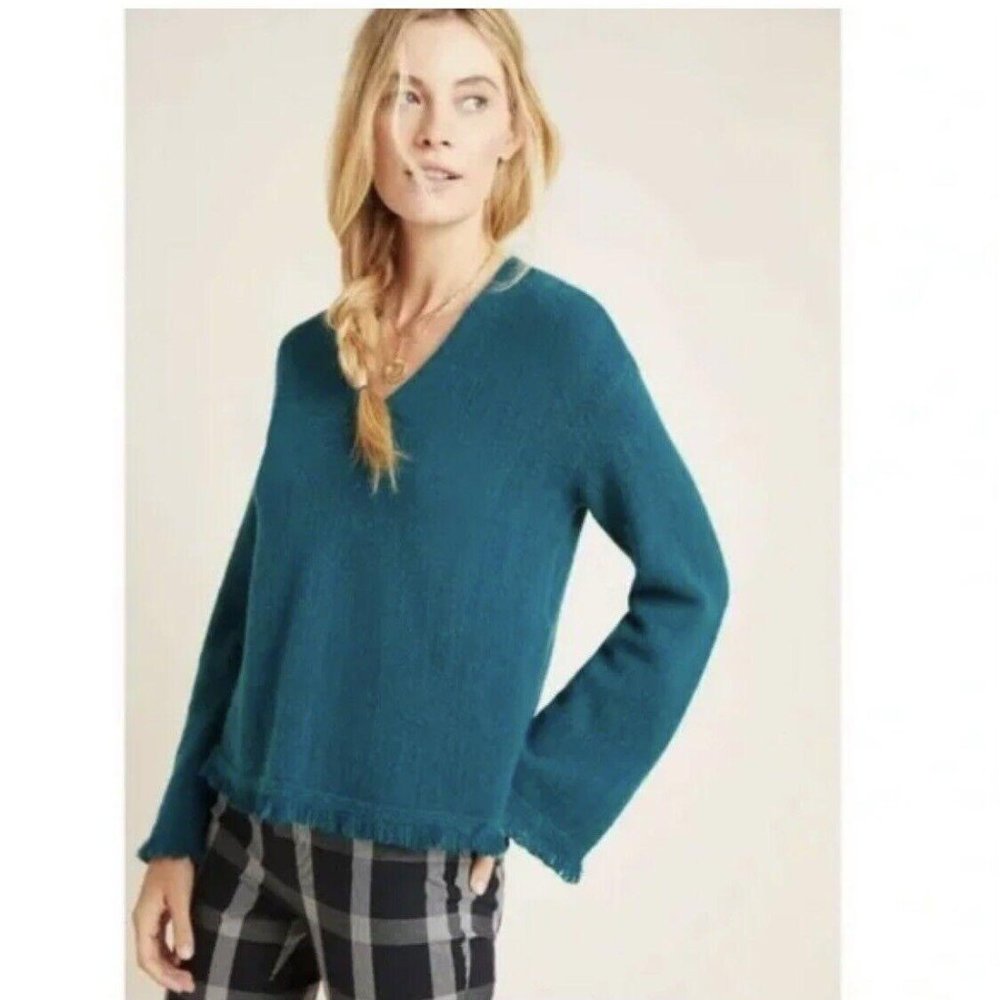 Anthropologie Women’s Joy Fringed V-Neck Sweater Teal Green Blue XS X-Small